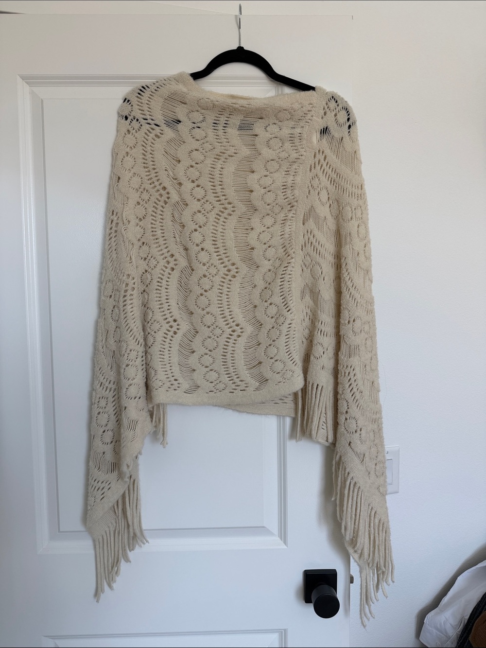 Open-Knit Fringe Poncho Sweater in Cream - Women's